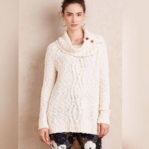 Anthropologie Moth Cream Cable Knit Wood Button‎ Cowl Neck Sweater Cozy Small
